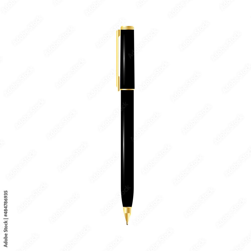 Ball pen icon. Isolated object. Flat design. Black and gold. School equipment. Vector illustration. Stock image. Ball pen icon. Isolated object. Flat design. Black and gold. School equipment. Vector illustration. Stock image.