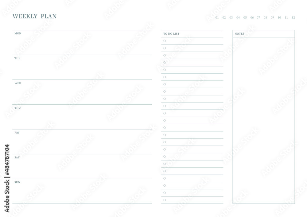 Note, scheduler, diary, calendar planner document template illustration. Weekly plan form.