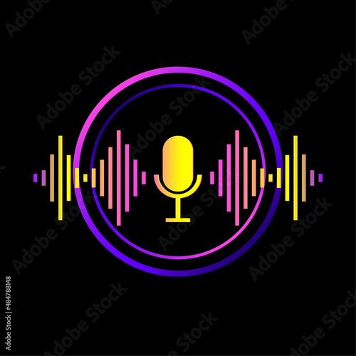 Podcast logo. Radio symbol. Microphone icon. Music wave. Audio concept. Black backdrop. Vector illustration. Stock image.