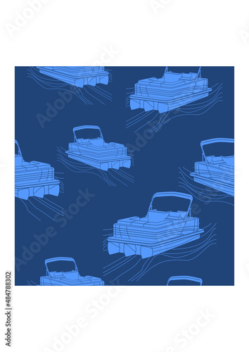 Editable Three-Quarter Semi Top Oblique Front View American Pontoon Boat on Wavy Lake Vector Illustration Dark Seamless Pattern for Creating Background of Transportation or Recreation Related Design