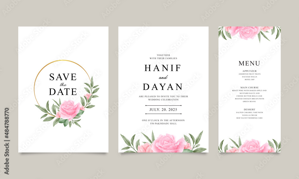 Set of wedding invitation cards with watercolor flowers and green leaves