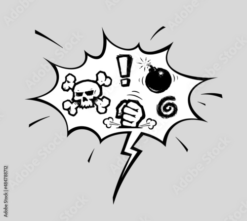 Comic Curse Speech Bubble - Scull Bones Fist Exclamation Mark Bomb Spiral