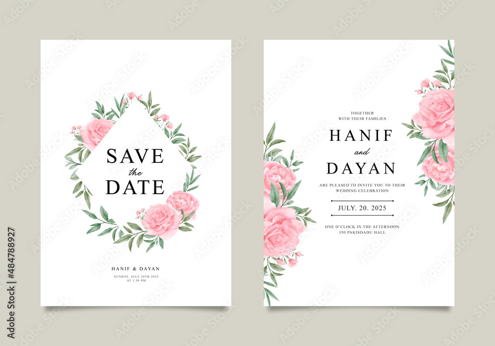 wedding invitation template set with floral watercolor decor. Red roses and green leaves