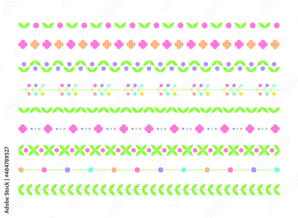 Cute and colorful spring style line. Flowers, leaves, lines, circles. Cute and colorful spring style line. Flowers, leaves, lines, circles.