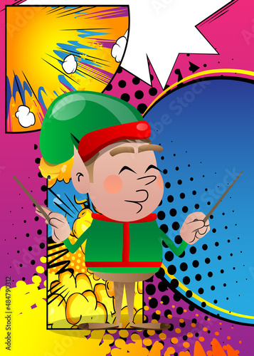 Christmas Elf orchestra conductor. Vector cartoon character illustration of Santa Claus's little worker, helper.