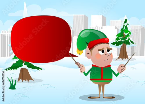 Christmas Elf orchestra conductor. Vector cartoon character illustration of Santa Claus's little worker, helper.