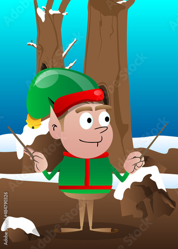 Christmas Elf orchestra conductor. Vector cartoon character illustration of Santa Claus's little worker, helper.