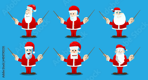 Santa Claus in his red clothes with white beard orchestra conductor. Vector cartoon character illustration.