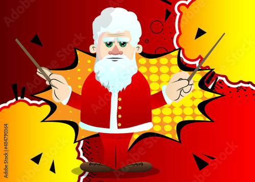 Santa Claus in his red clothes with white beard orchestra conductor. Vector cartoon character illustration.