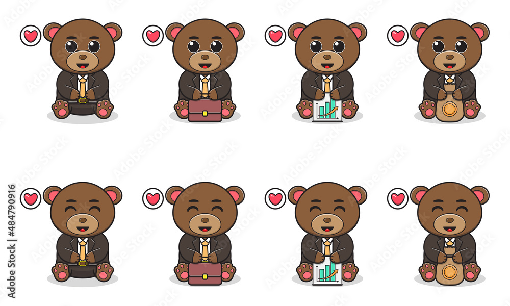 Fototapeta premium Vector Illustration of Cute sitting Bear cartoon with Businessman costume. Set of cute little bear characters. Collection of funny little bear isolated on a white background.