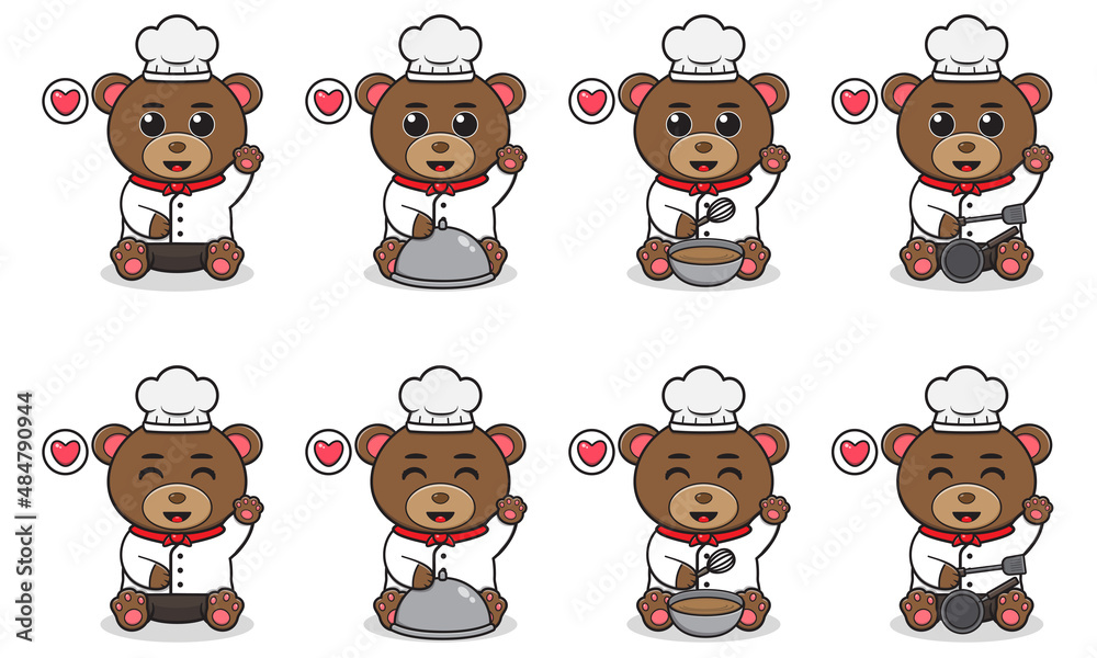 Vector Illustration of Cute sitting Bear cartoon hand up pose with Chef costume. Set of cute little bear characters. Collection of funny little bear isolated on a white background. Vector Illustration of Cute sitting Bear cartoon hand up pose with Chef costume. Set of cute little bear characters. Collection of funny little bear isolated on a white background.