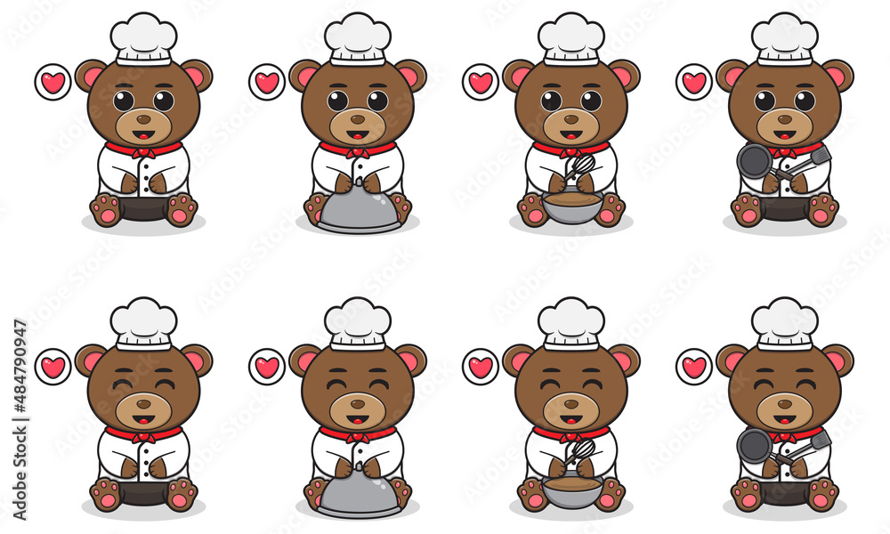 Obraz premium Vector Illustration of Cute sitting Bear cartoon with Firefighter costume. Set of cute little bear characters. Collection of funny little bear isolated on a white background.