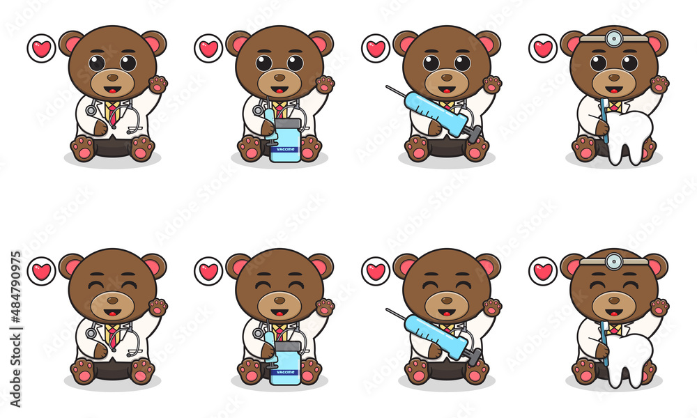 Vector Illustration of Cute sitting Bear cartoon hand up pose with Doctor costume. Set of cute little bear characters. Collection of funny little bear isolated on a white background. Vector Illustration of Cute sitting Bear cartoon hand up pose with Doctor costume. Set of cute little bear characters. Collection of funny little bear isolated on a white background.