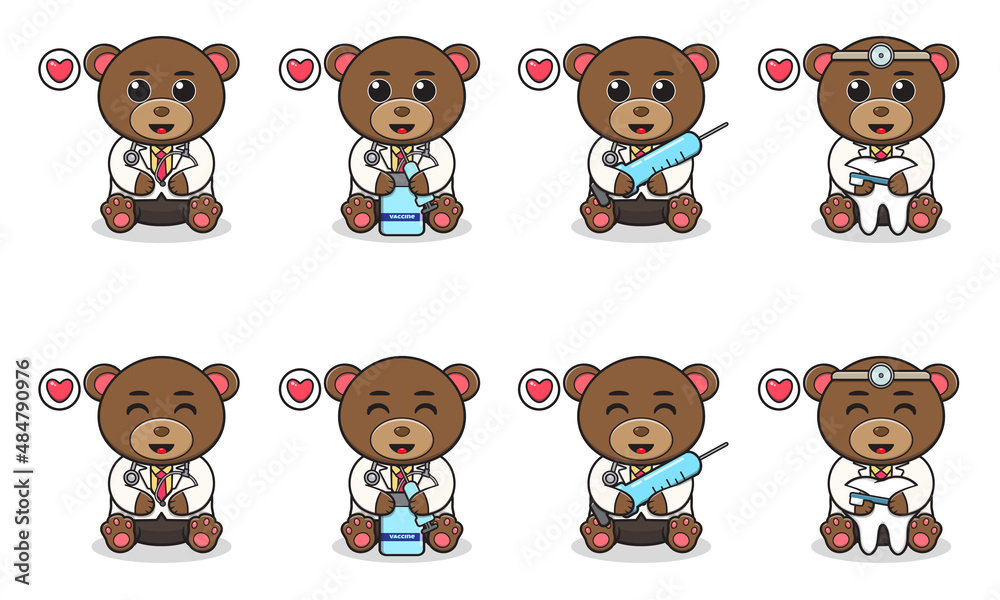 Vector Illustration of Cute sitting Bear cartoon with Doctor costume. Set of cute little bear characters. Collection of funny little bear isolated on a white background.