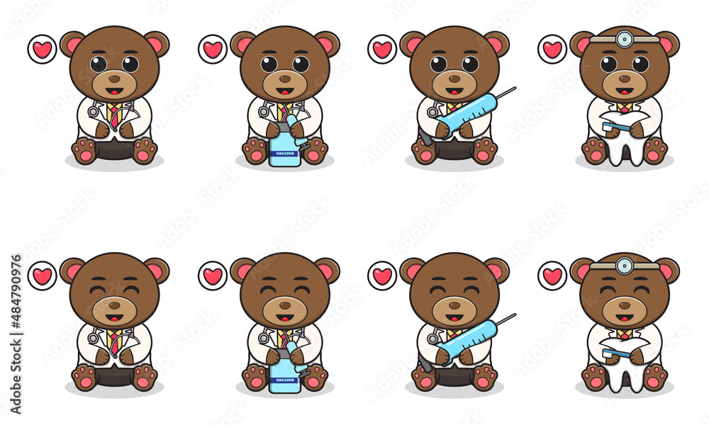 Fototapeta premium Vector Illustration of Cute sitting Bear cartoon with Doctor costume. Set of cute little bear characters. Collection of funny little bear isolated on a white background.
