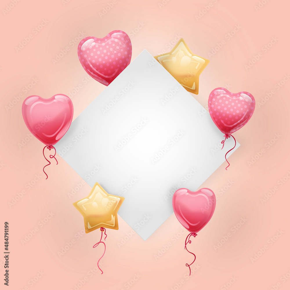 Kolorowe balony - serca i gwiazdki - i puste miejsce na tekst lub cytat. Brzoskwiniowe tło na urodziny, rocznice, ślub, reklamę, gratulacje. Szablon do mediów społecznościowych.