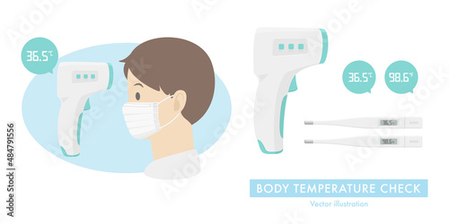 Vector illustration of digital non-contact infrared thermometer and electronic thermometer. A man wearing surgical face mask is checking his body temperature.