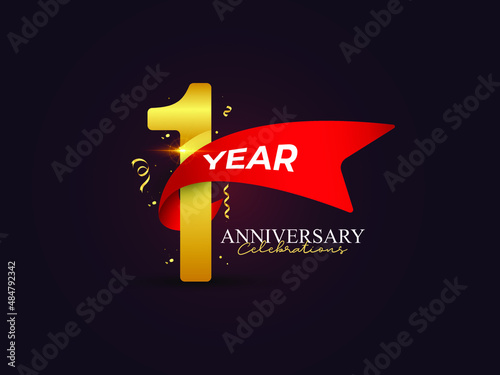 1 years Anniversary celebrations logo with ribbons. Gold color is elegant and luxurious.