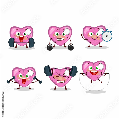 A healthy pink broken heart love cartoon style trying some tools on Fitness center