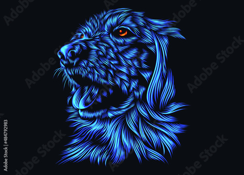 Dog line art vector illustration in vibrant color. Detail artwork for tattoo, apparel, merchandise, wall decoration. Fit for dark background. Vector graphic Eps 10