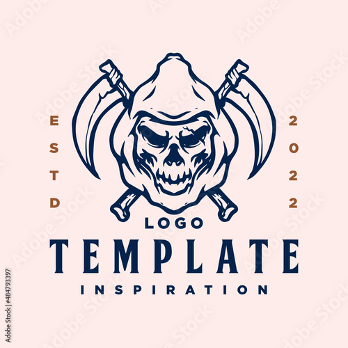 Logo template with devil skull. Monochrome design element with human skull, and crossed scythe swords. Gothic or horror concept for label, stamp, tattoo template, esport logo