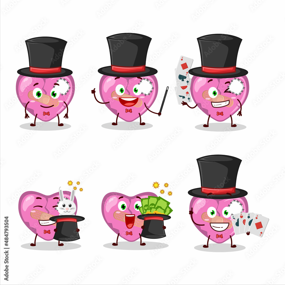A pink broken heart love Magician cartoon character perform on a stage