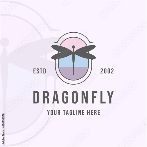 dragonfly logo line art modern color minimalist vector illustration template icon graphic design with badge concept
