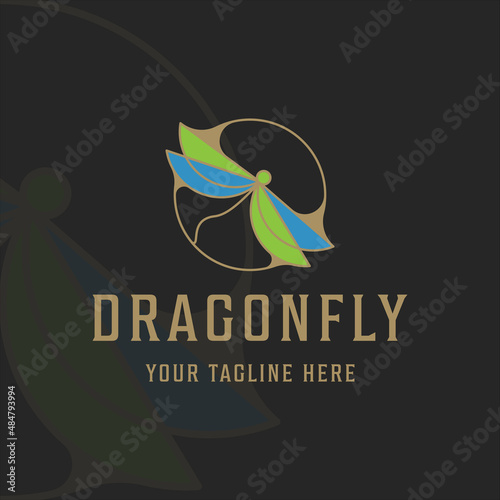 dragonfly logo line art modern color minimalist vector illustration template icon graphic design with badge concept