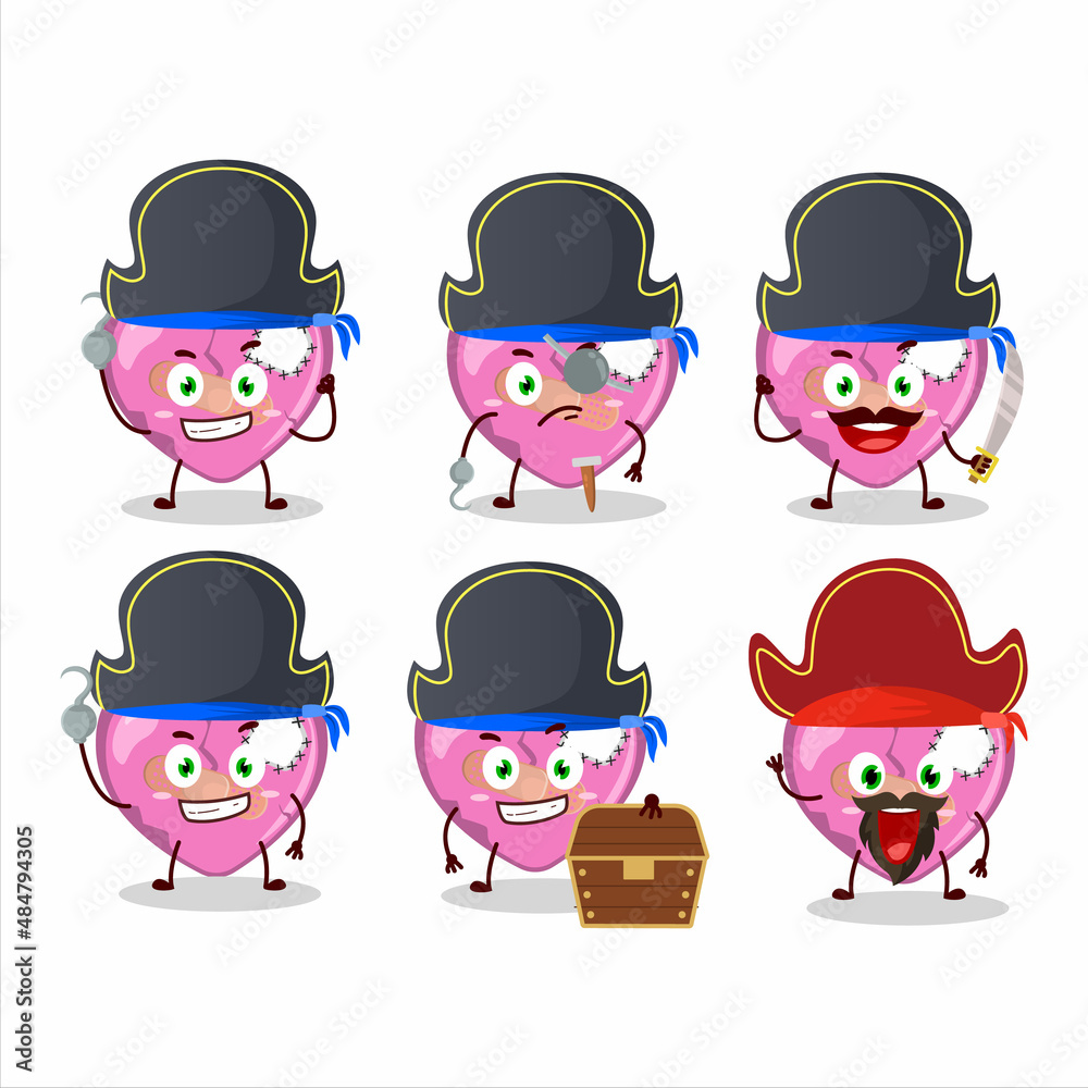 Cartoon character of pink broken heart love with various pirates emoticons