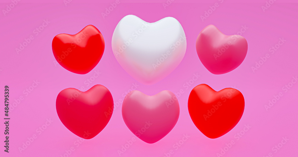 3d rendering of six hearts in red, white and red hearts is suitable for Valentine's Day.