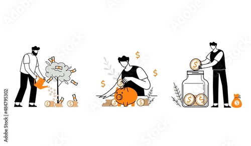 Flat vector illustration of investment income. The metaphor of financial income. Investor's strategy, concept of financing. Characters, collecting money in a piggy bank. The concept of a dividend port