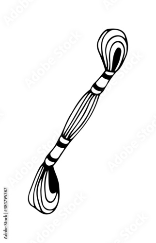 Vector isolated element. A skein of thread. A skein of floss threads. Embroidery threads. Black hand drawn doodle on a white background. The print is used for packaging design.