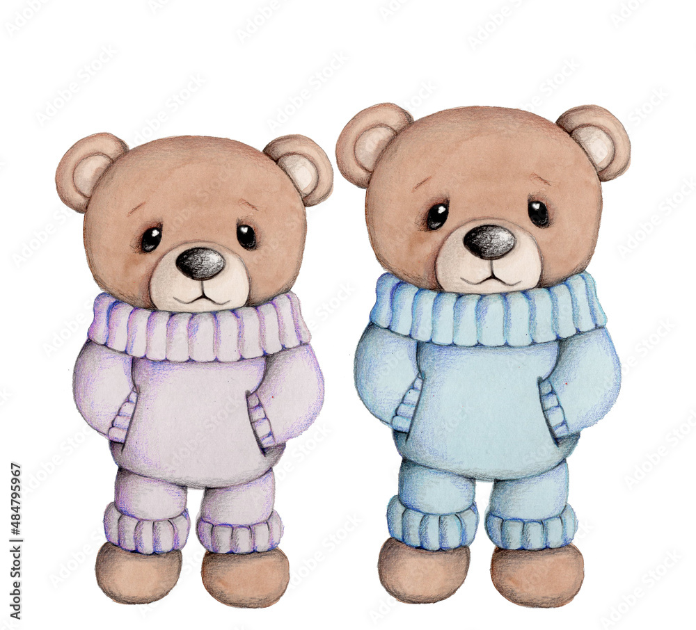 Cute cartoon teddy bears, plush soft baby toy, animal. Isolated watercolor hand drawn illustration for children. Cute cartoon teddy bears, plush soft baby toy, animal. Isolated watercolor hand drawn illustration for children.