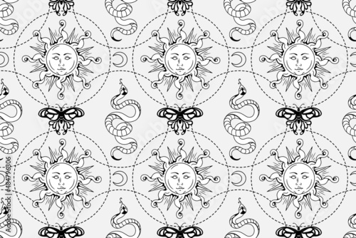 Mystical monochrome background with sun, celestial items, crescent moon, snake, butterfly. Sacred geometry. Printable line art seamless wallpaper.