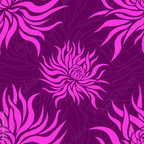 Seamless floral pattern with the image of pink flowers and contours of chrysomtena and dahlias on a burgundy background. Design for wallpaper, fabric, textile, wrapping paper. Isolated vector