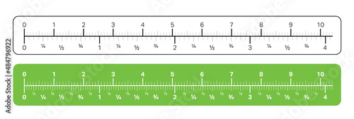 Ruler with metric and imperial units for carpenter, engineering and teaching. A white and green ruler with millimeter, inches and fractions.