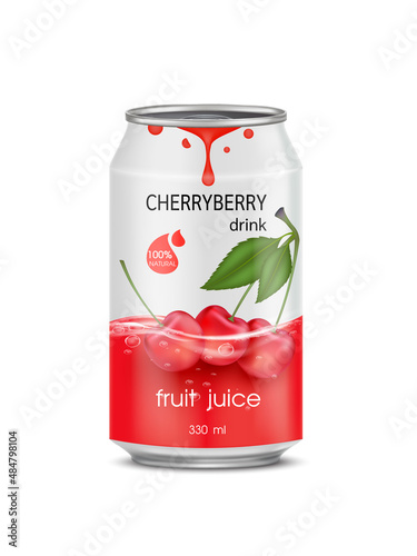 Cherry juice soft drink in aluminum can and design of cherrys fruit red packaging mock up.  Isolated on a white background. Realistic vector EPS10 illustration.