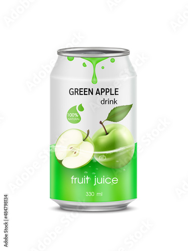 Green apple juice soft drink in aluminum can and design of apple fruit green packaging mock up.  Isolated on a white background. Realistic vector EPS10 illustration.
