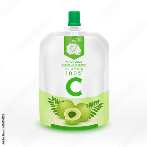 Gooseberry juice vitamin C 100% Indian Gooseberry, Amla juice water drink organic healthy food. Logo in food packages and product plastic box packs realistic templates.  3D Vector illustration.