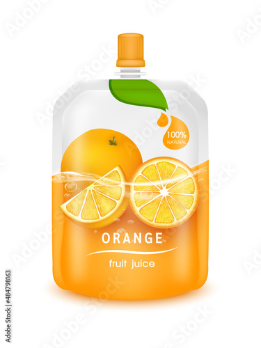Orange juice jelly drink in foil pouch with top cap and design of orange fruit red packaging mock up. Isolated on a white background. Realistic 3D vector EPS10 illustration.