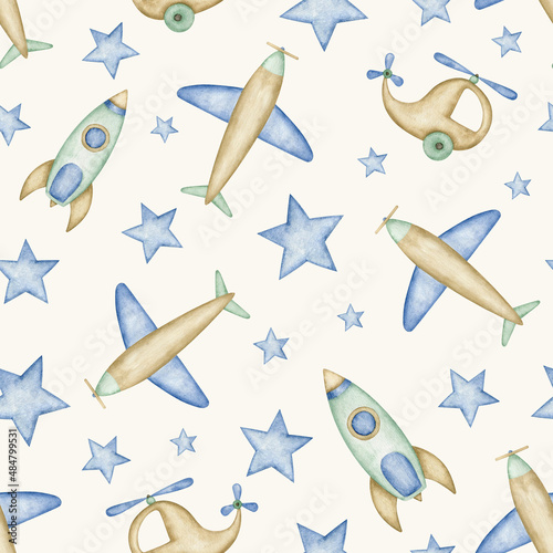 Air transport baby boy watercolor seamless pattern. Hand drawn  wooden toys wrapping paper  nursery boy fabric desing  baby shower decoration texture.