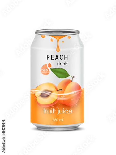 Peach juice soft drink in aluminum can and design of peach fruit yellow packaging mock up.  Isolated on a white background. Realistic vector EPS10 illustration.