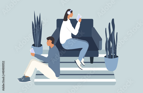 vector flat style illustration on the theme of addiction to the Internet and social networks. man and woman sitting looking at their smartphones