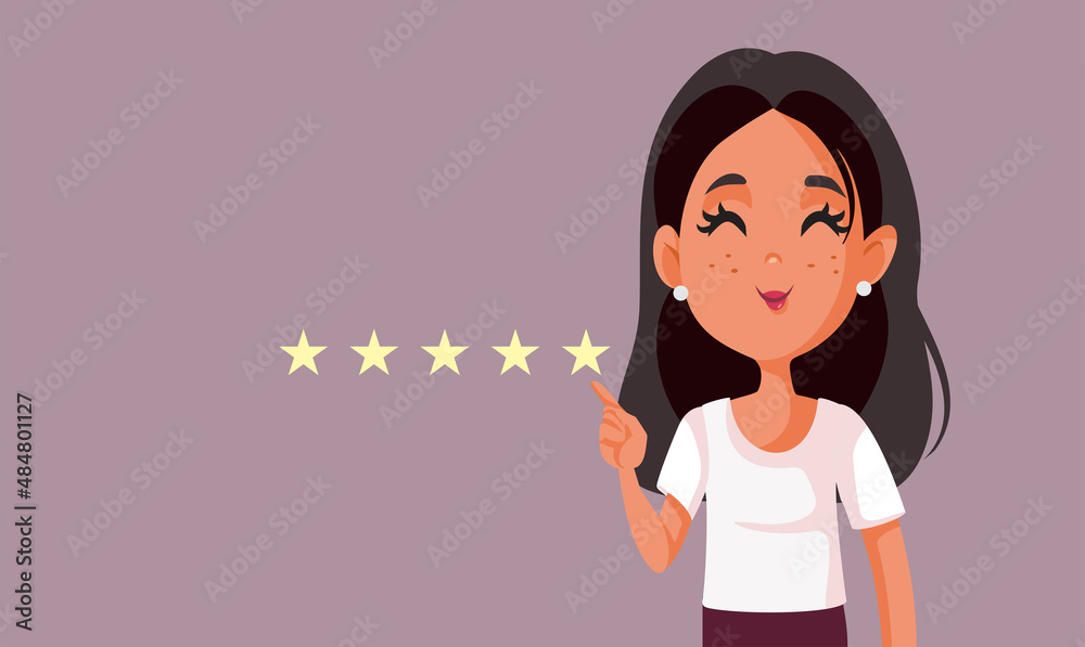 Happy Female Customer Giving Five Stars Positive Review Vector Cartoon Happy Female Customer Giving Five Stars Positive Review Vector Cartoon