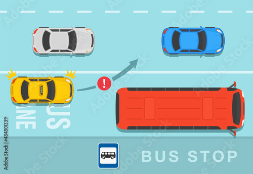 Safety driving and traffic regulating rules. Taxi driver is about to pass the solid line. Do not overtake by passing solid line. Flat vector illustration template.