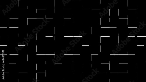 Animation of movement of chaotic stripes and straight segments. White color on transparent background with alpha channel. Loop able. Concept overlay glitch effect, dynamic backdrop.