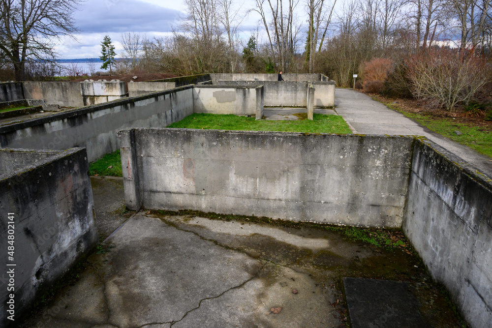 Dairy Barn Ruins in Luther Burbank Park on Mercer Island, WA, a popular place for kids to play
