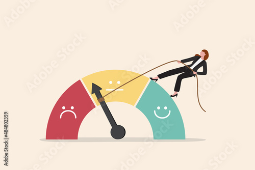 Obraz na płótnie Performance rating or customer feedback, credit score or satisfaction measurement, quality control or improvement concept, strong businesswoman pull the string to make rating gauge to be excellent
