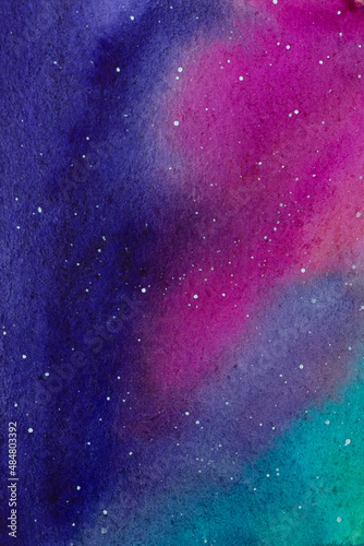 Colorful watercolor drawing of northern lights. Illustration of fairy-tale or magic sky.