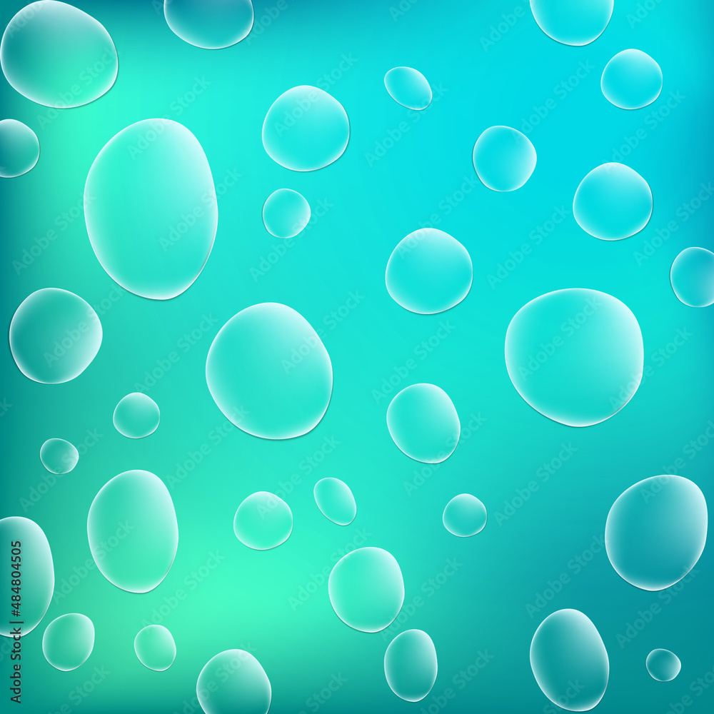 Blue water droplets. Water drops on the color surface. Vector illustration. Air bubbles, dynamic aqua motion, realistic misted glass, rain on window, wet surface, humid texture, condensation or dew Blue water droplets. Water drops on the color surface. Vector illustration. Air bubbles, dynamic aqua motion, realistic misted glass, rain on window, wet surface, humid texture, condensation or dew